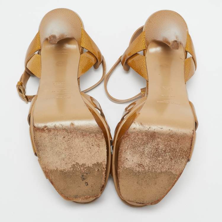 Pre Owned Saint Laurent Paris Gold Patent Leather Tribute Platform Sandals Size 38.5