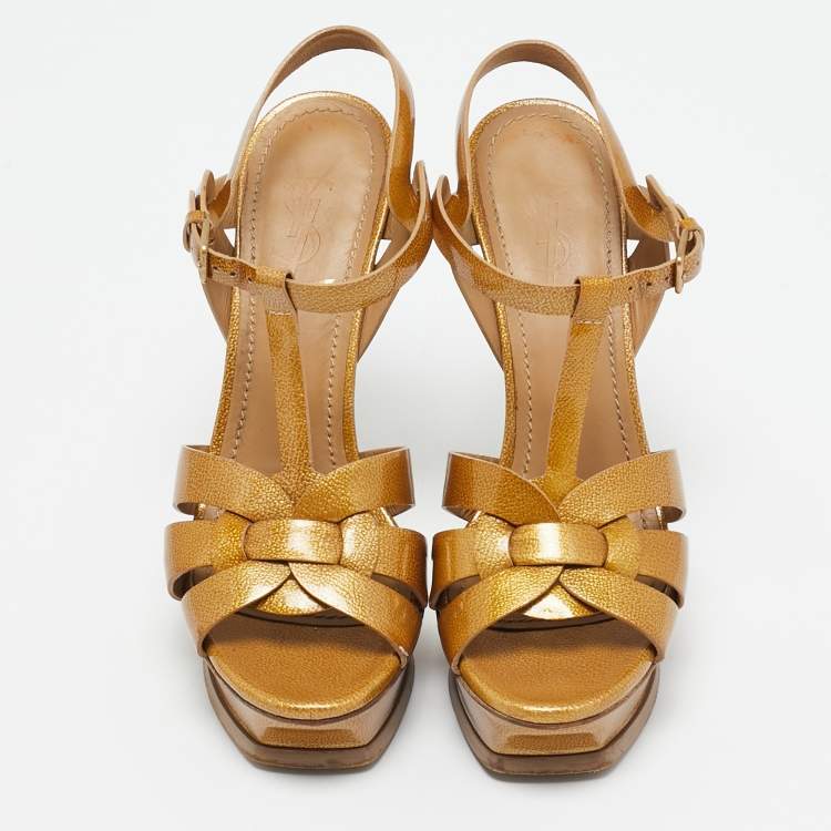 Pre Owned Saint Laurent Paris Gold Patent Leather Tribute Platform Sandals Size 38.5