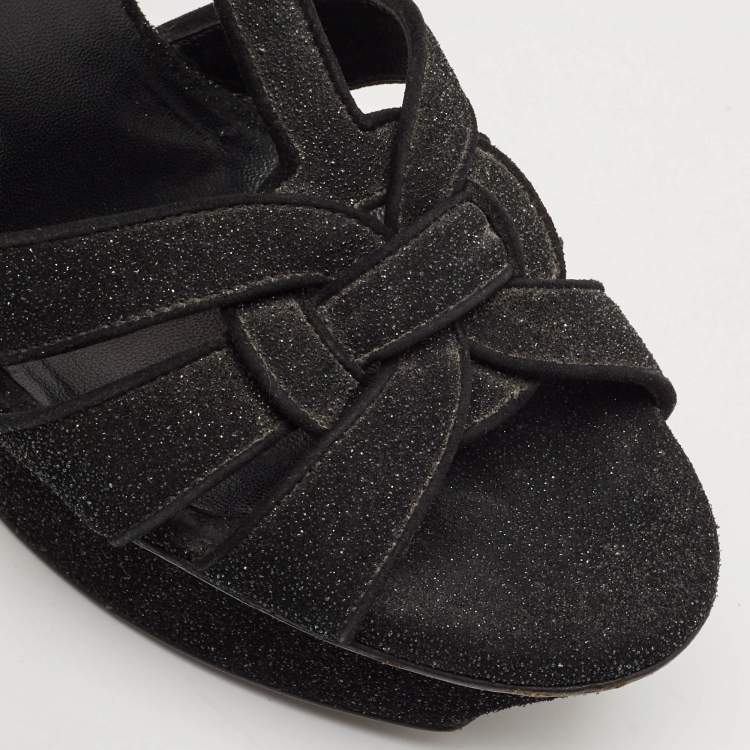 Pre Owned Saint Laurent Black Suede and Quartz Glitter Tribute Platform Sandals Size 37.5