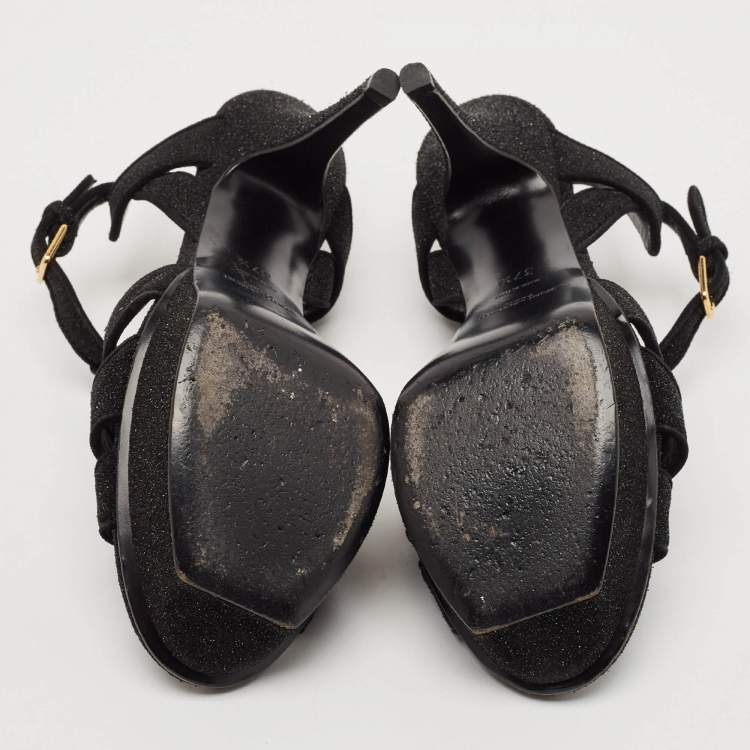 Pre Owned Saint Laurent Black Suede and Quartz Glitter Tribute Platform Sandals Size 37.5