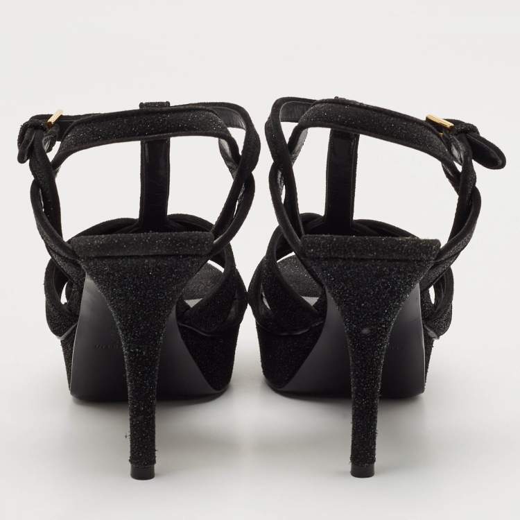 Pre Owned Saint Laurent Black Suede and Quartz Glitter Tribute Platform Sandals Size 37.5