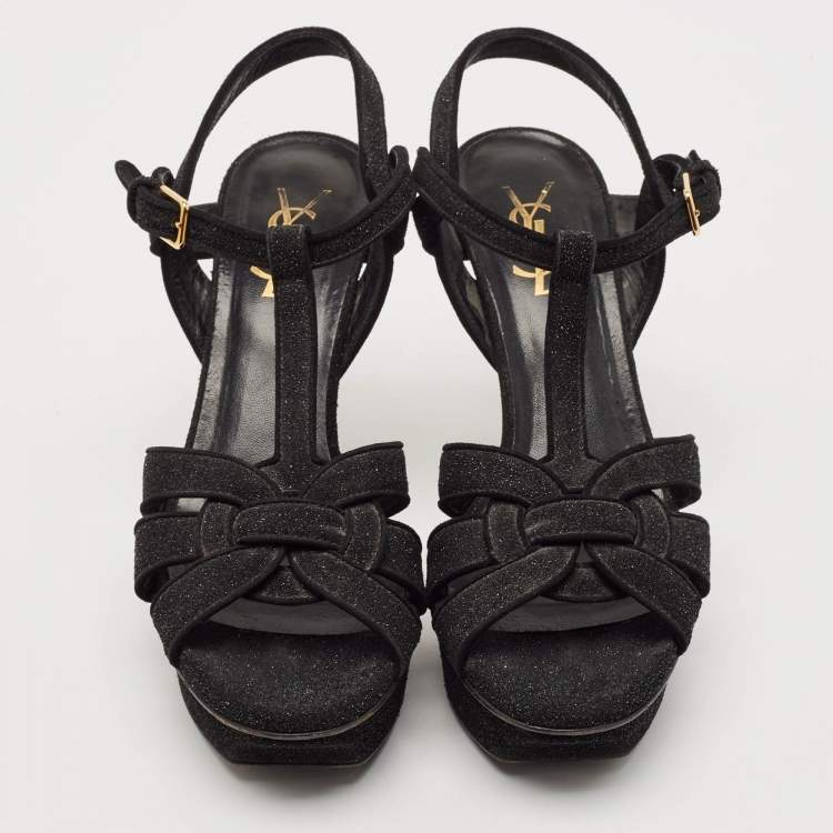 Pre Owned Saint Laurent Black Suede and Quartz Glitter Tribute Platform Sandals Size 37.5