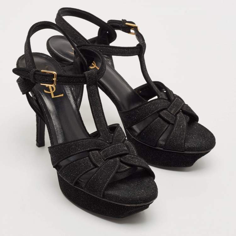 Pre Owned Saint Laurent Black Suede and Quartz Glitter Tribute Platform Sandals Size 37.5