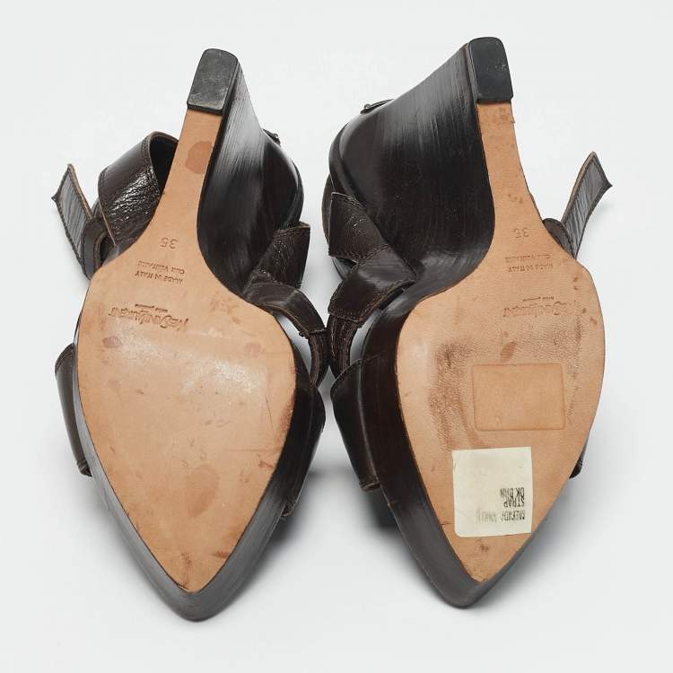Pre Owned Saint Laurent Brown Leather Ankle Strap Wedge Sandals Size 35