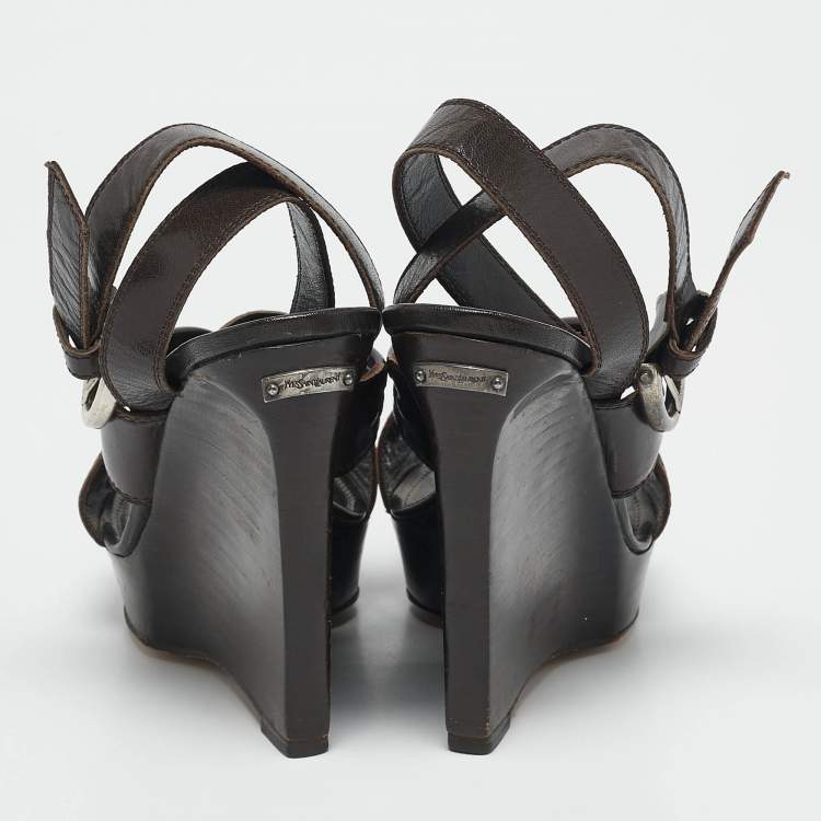 Pre Owned Saint Laurent Brown Leather Ankle Strap Wedge Sandals Size 35