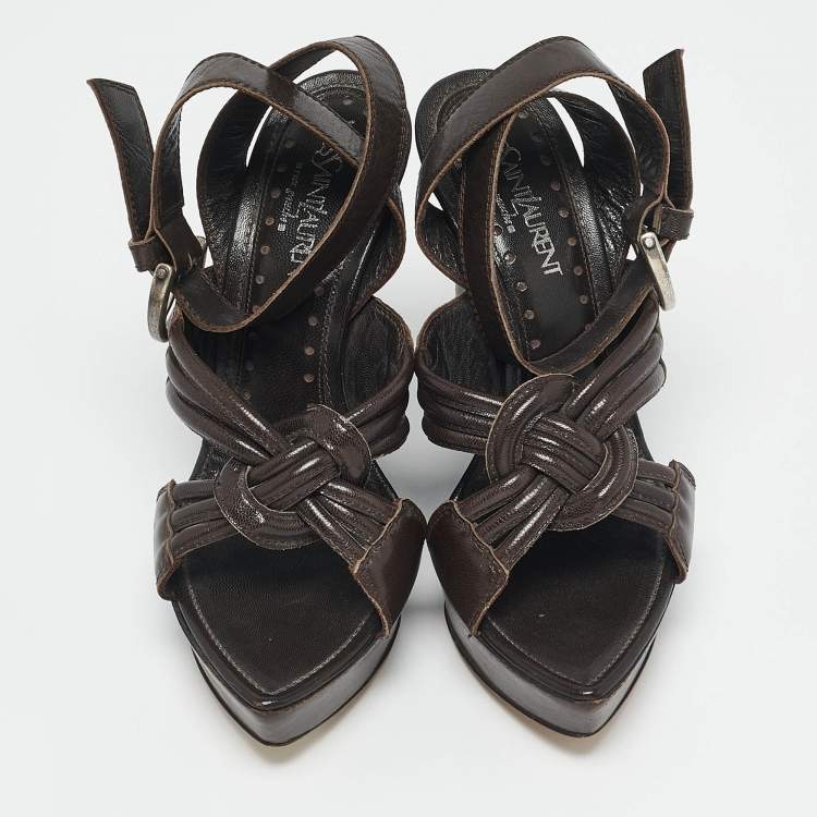 Pre Owned Saint Laurent Brown Leather Ankle Strap Wedge Sandals Size 35