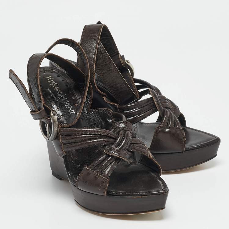 Pre Owned Saint Laurent Brown Leather Ankle Strap Wedge Sandals Size 35