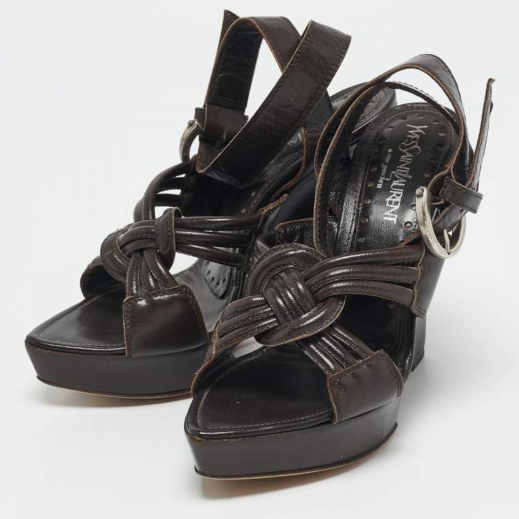 Pre Owned Saint Laurent Brown Leather Ankle Strap Wedge Sandals Size 35