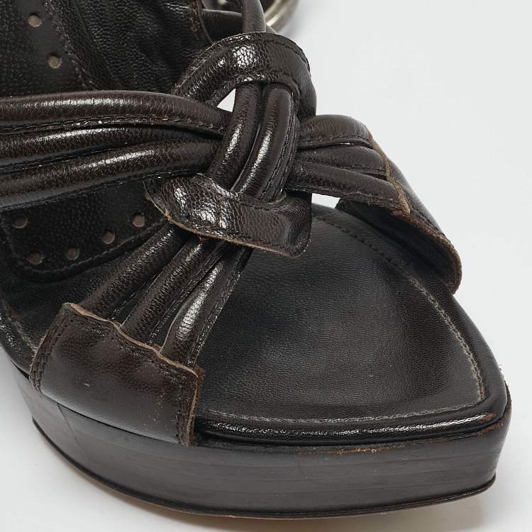 Pre Owned Saint Laurent Brown Leather Ankle Strap Wedge Sandals Size 35