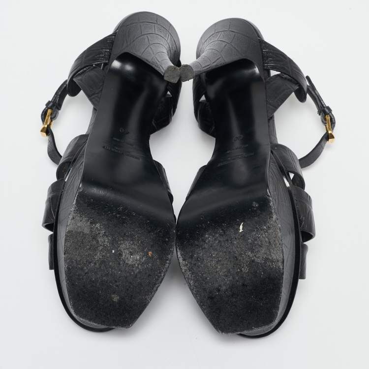 Pre Owned Saint Laurent Black Croc Embossed Leather Tribute Platform Sandals Size 40