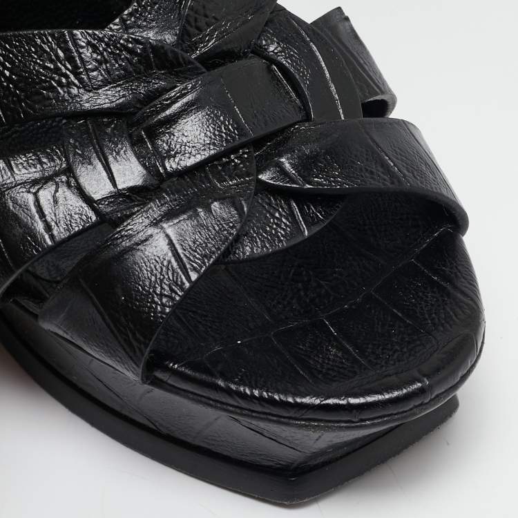 Pre Owned Saint Laurent Black Croc Embossed Leather Tribute Platform Sandals Size 40