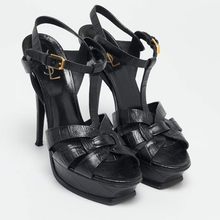 Pre Owned Saint Laurent Black Croc Embossed Leather Tribute Platform Sandals Size 40