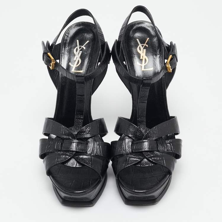 Pre Owned Saint Laurent Black Croc Embossed Leather Tribute Platform Sandals Size 40