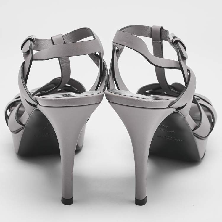 Pre Owned Saint Laurent Grey Leather Platform Sandals Size 39
