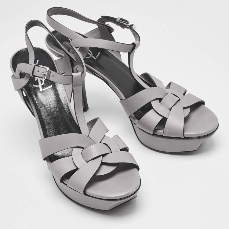 Pre Owned Saint Laurent Grey Leather Platform Sandals Size 39