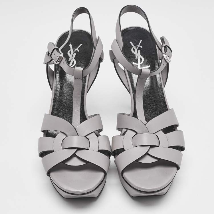 Pre Owned Saint Laurent Grey Leather Platform Sandals Size 39