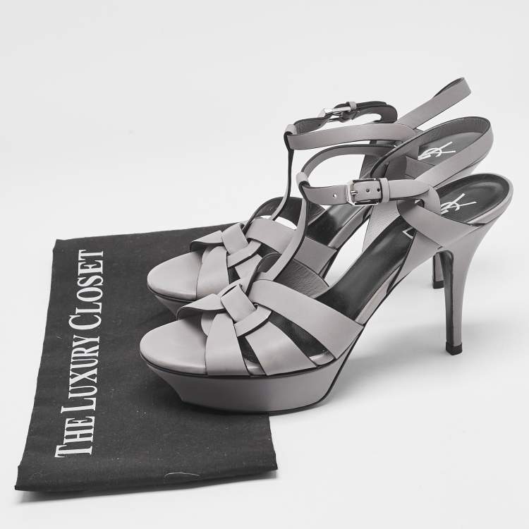Pre Owned Saint Laurent Grey Leather Platform Sandals Size 39