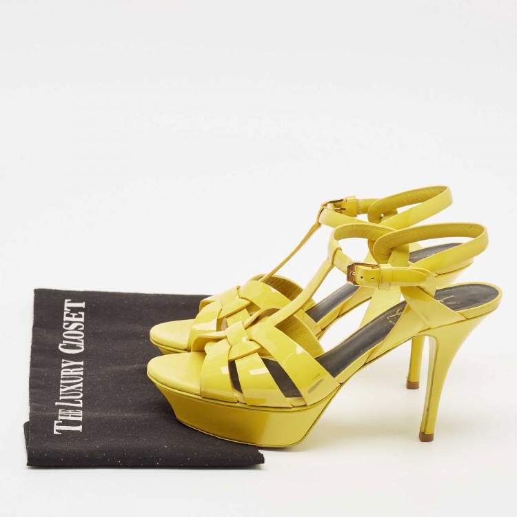 مملوكة مسبقًا Saint Laurent Yellow Patent Leather Tribute Platform Sandals Size 37