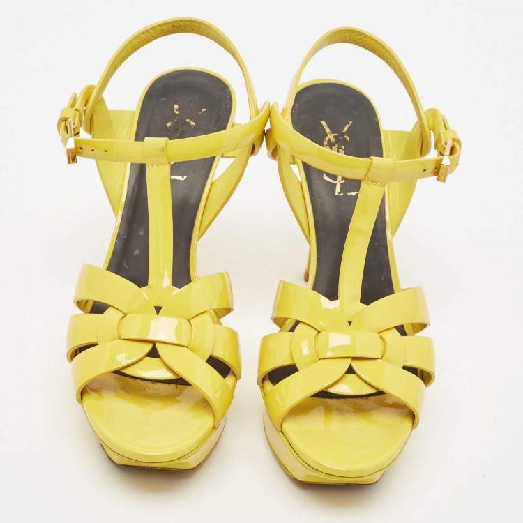 مملوكة مسبقًا Saint Laurent Yellow Patent Leather Tribute Platform Sandals Size 37