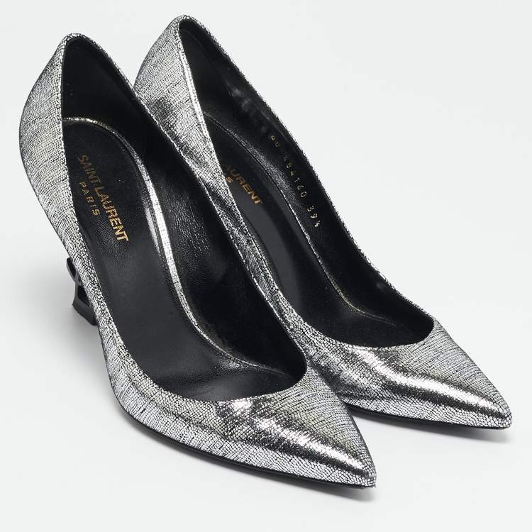 Pre Owned Saint Laurent Silver Texture Suede Opyum Pumps Size 39.5