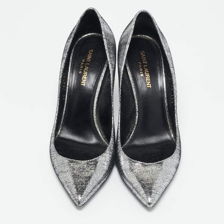 Pre Owned Saint Laurent Silver Texture Suede Opyum Pumps Size 39.5