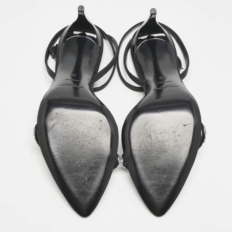 Pre Owned Saint Laurent Black Satin Ankle Strap Sandals Size 39