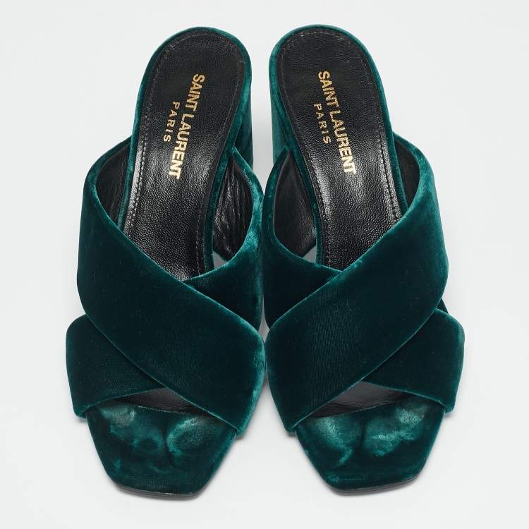 Pre Owned Saint Laurent Green Velvet Loulou Criss Cross Mules Size 37