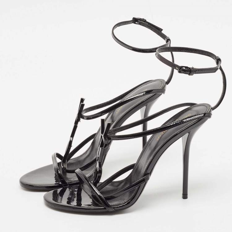 Pre Owned Saint Laurent Black Patent Leather Cassandre Ankle Strap Sandals Size 40