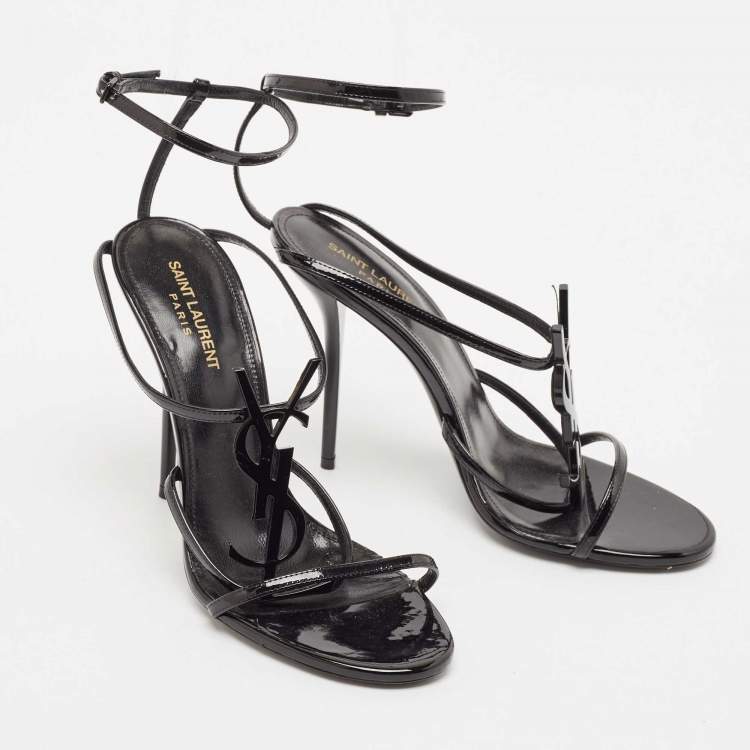 Pre Owned Saint Laurent Black Patent Leather Cassandre Ankle Strap Sandals Size 40