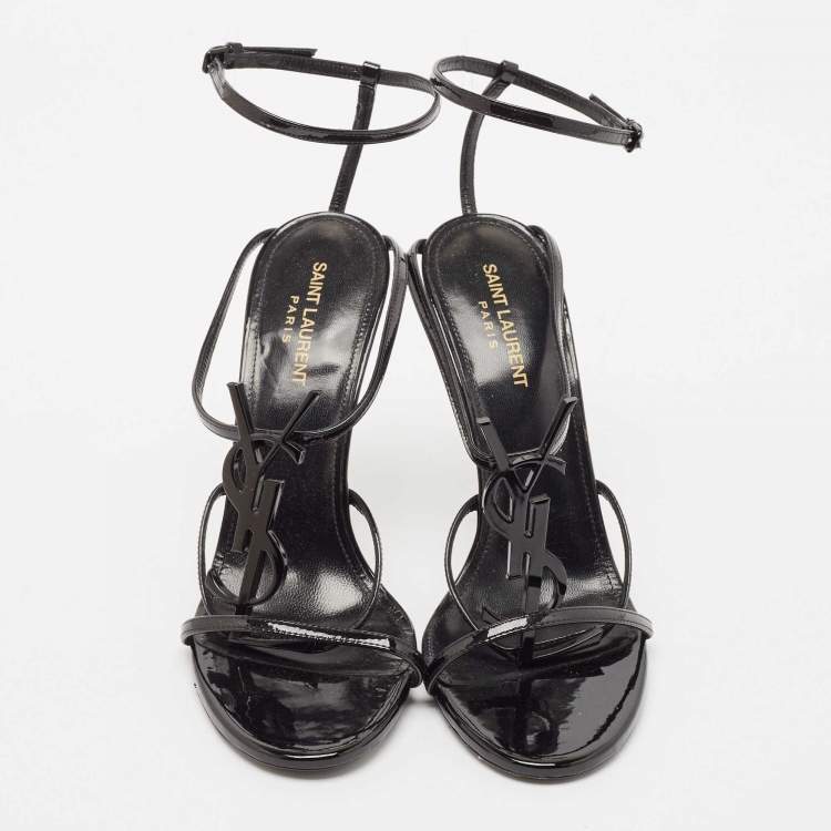 Pre Owned Saint Laurent Black Patent Leather Cassandre Ankle Strap Sandals Size 40