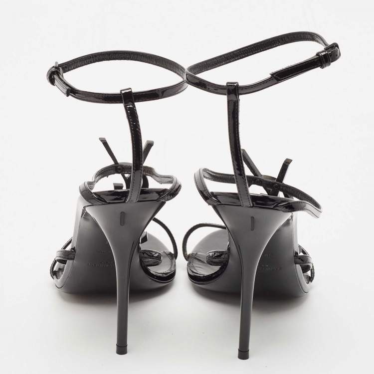Pre Owned Saint Laurent Black Patent Leather Cassandre Ankle Strap Sandals Size 40