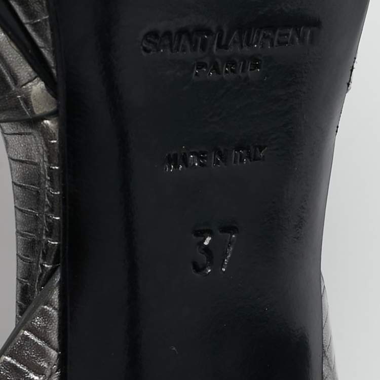 Pre Owned Saint Laurent Grey Lizard Embossed Leather Tribute Platform Sandals Size 37