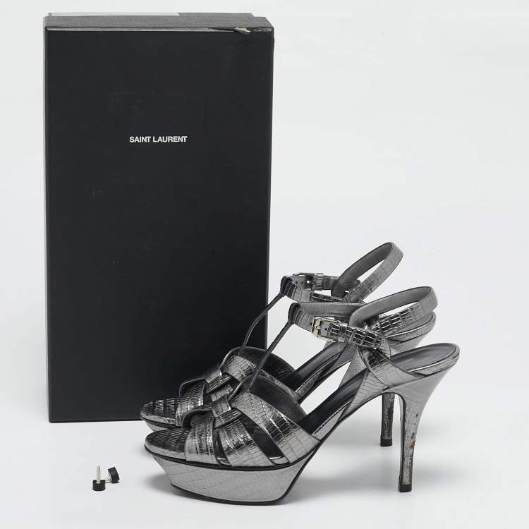 Pre Owned Saint Laurent Grey Lizard Embossed Leather Tribute Platform Sandals Size 37