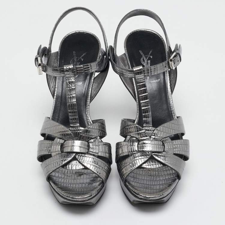Pre Owned Saint Laurent Grey Lizard Embossed Leather Tribute Platform Sandals Size 37
