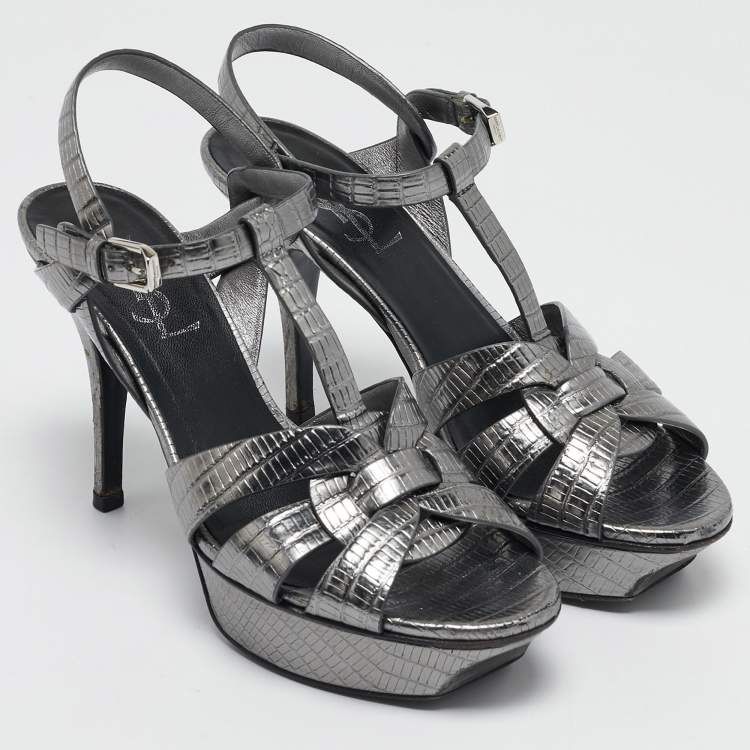 Pre Owned Saint Laurent Grey Lizard Embossed Leather Tribute Platform Sandals Size 37