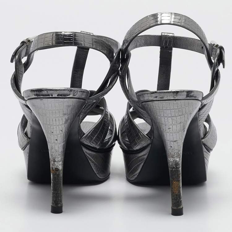 Pre Owned Saint Laurent Grey Lizard Embossed Leather Tribute Platform Sandals Size 37