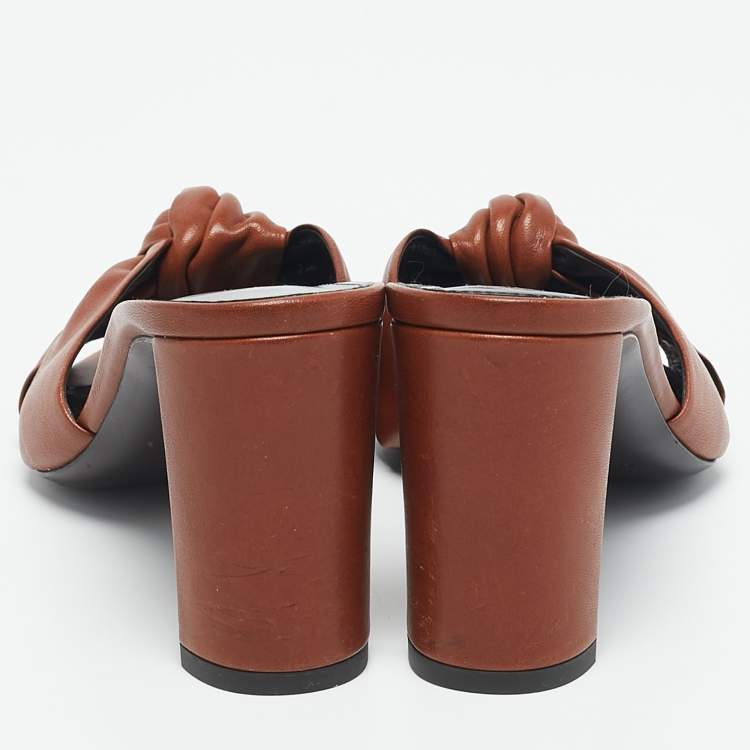 Pre Owned Saint Laurent Brown Knotted Leather Bianca Slide Sandals Size 37