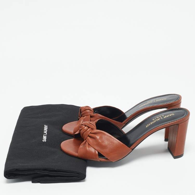Pre Owned Saint Laurent Brown Knotted Leather Bianca Slide Sandals Size 37