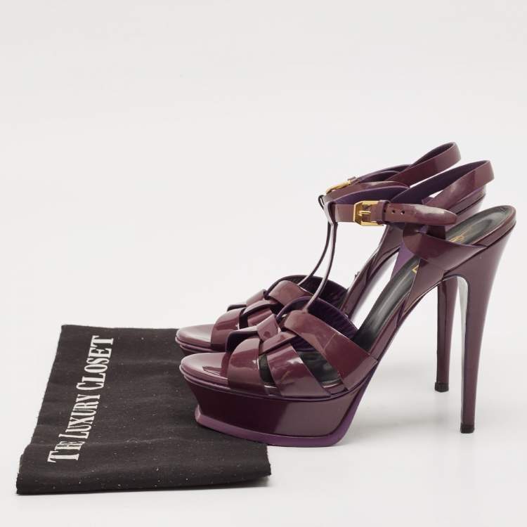 Pre Owned Saint Laurent Dark Purple Patent Leather Tribute Platform Sandals Size 38