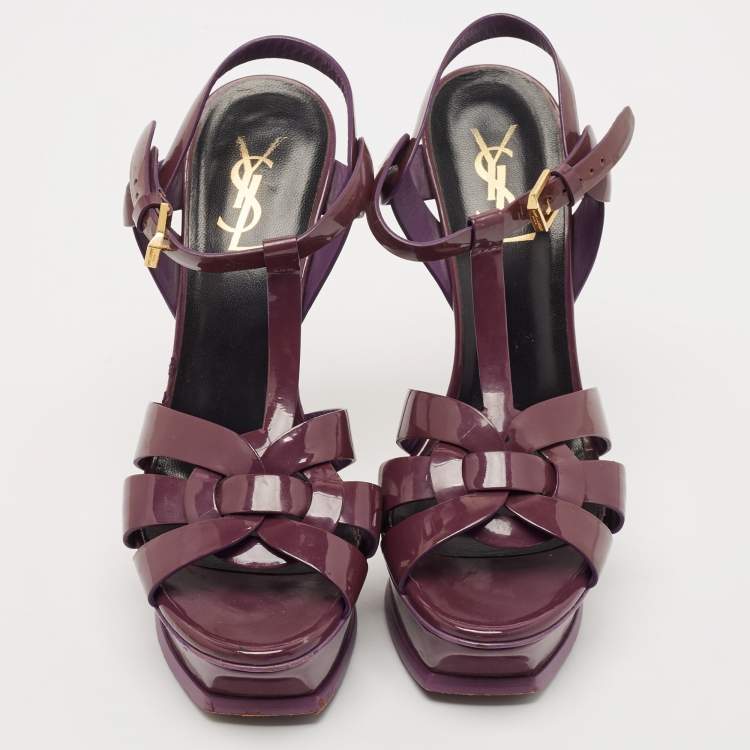 Pre Owned Saint Laurent Dark Purple Patent Leather Tribute Platform Sandals Size 38