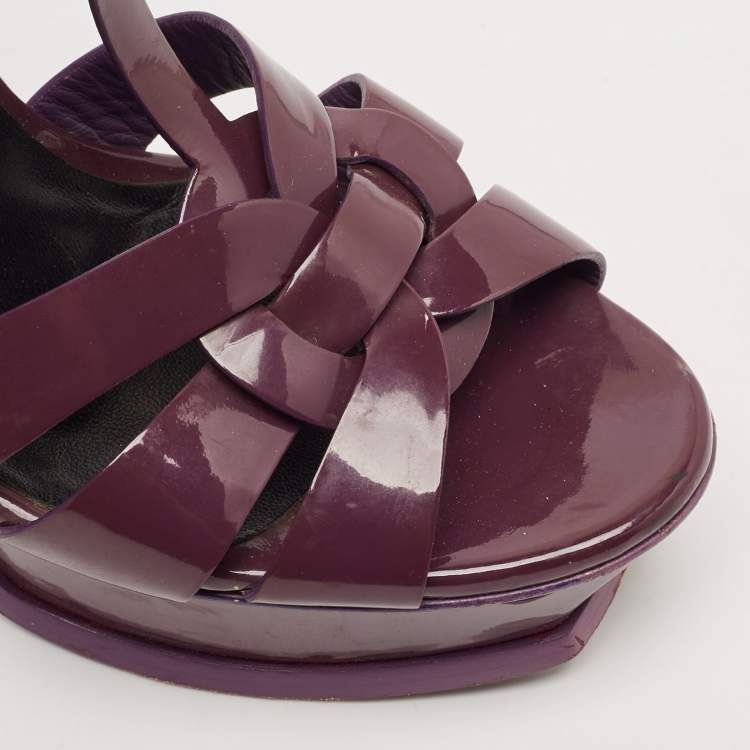 Pre Owned Saint Laurent Dark Purple Patent Leather Tribute Platform Sandals Size 38
