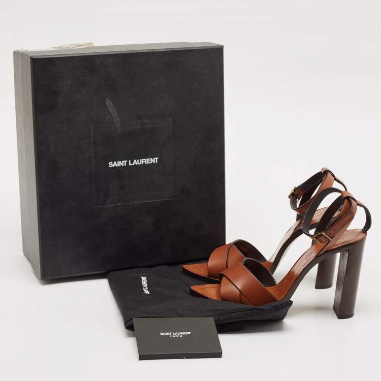 Pre Owned Saint Laurent Brown Leather Papaya Block Heel Ankle Strap Sandals Size 37