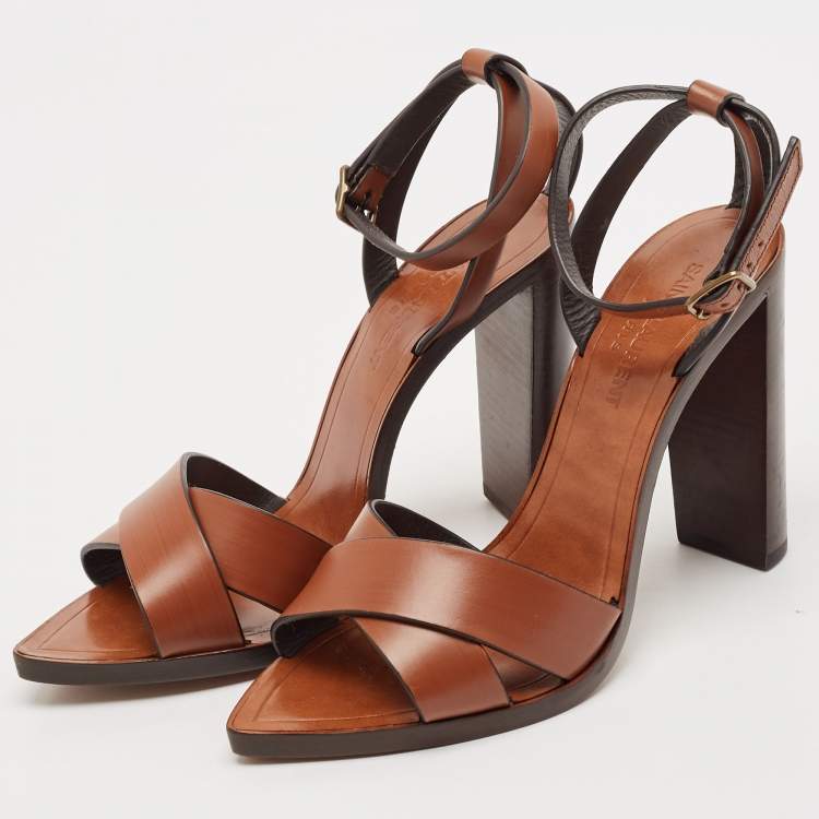 Pre Owned Saint Laurent Brown Leather Papaya Block Heel Ankle Strap Sandals Size 37