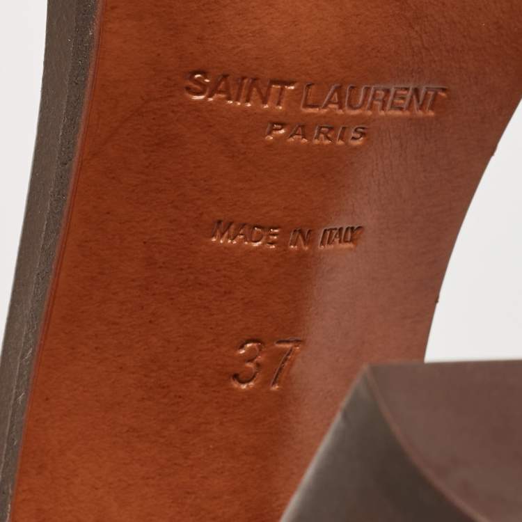 Pre Owned Saint Laurent Brown Leather Papaya Block Heel Ankle Strap Sandals Size 37