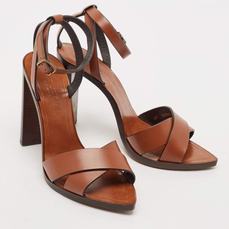 Pre Owned Saint Laurent Brown Leather Papaya Block Heel Ankle Strap Sandals Size 37