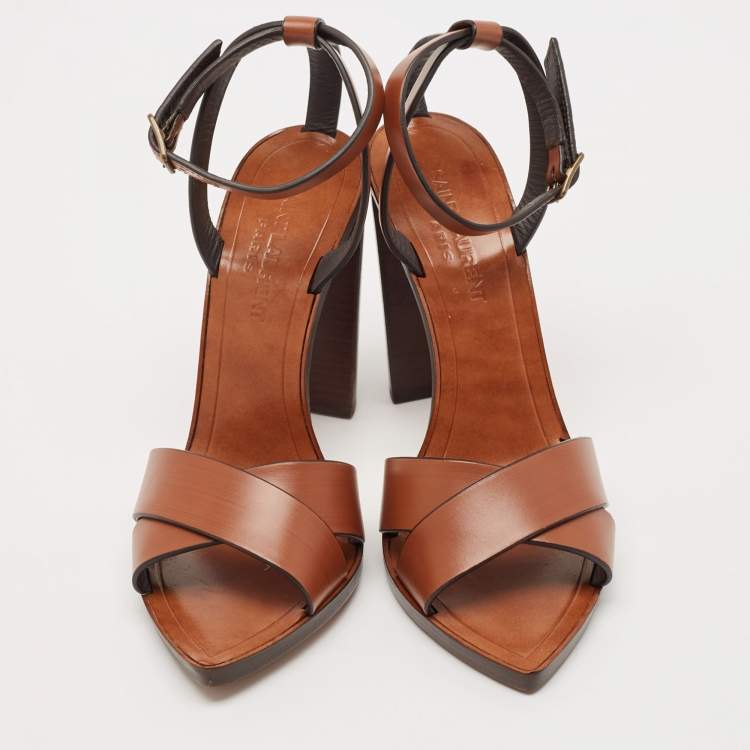 Pre Owned Saint Laurent Brown Leather Papaya Block Heel Ankle Strap Sandals Size 37