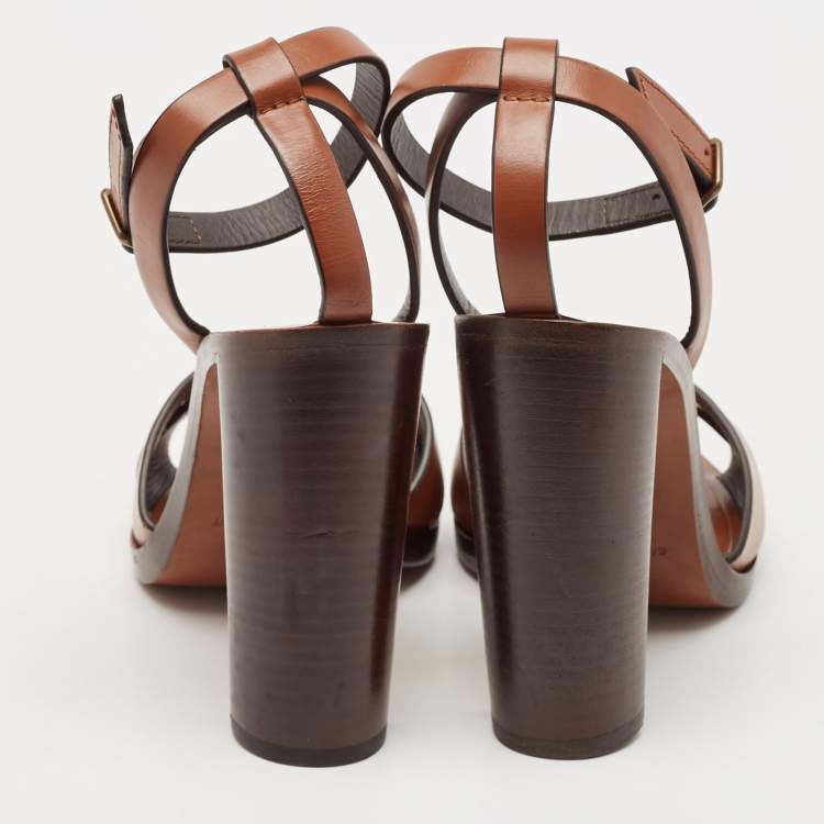 Pre Owned Saint Laurent Brown Leather Papaya Block Heel Ankle Strap Sandals Size 37