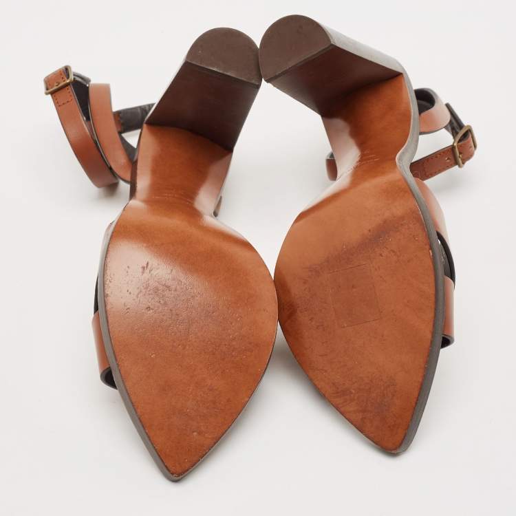 Pre Owned Saint Laurent Brown Leather Papaya Block Heel Ankle Strap Sandals Size 37