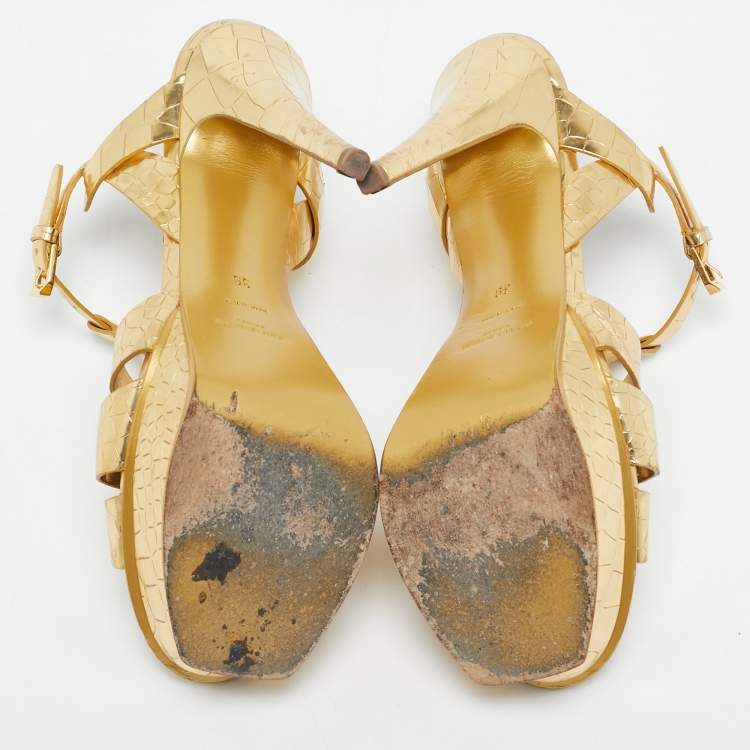 Pre Owned Saint Laurent Metallic Gold Croc Embossed Leather Tribute Ankle Strap Sandals Size 39