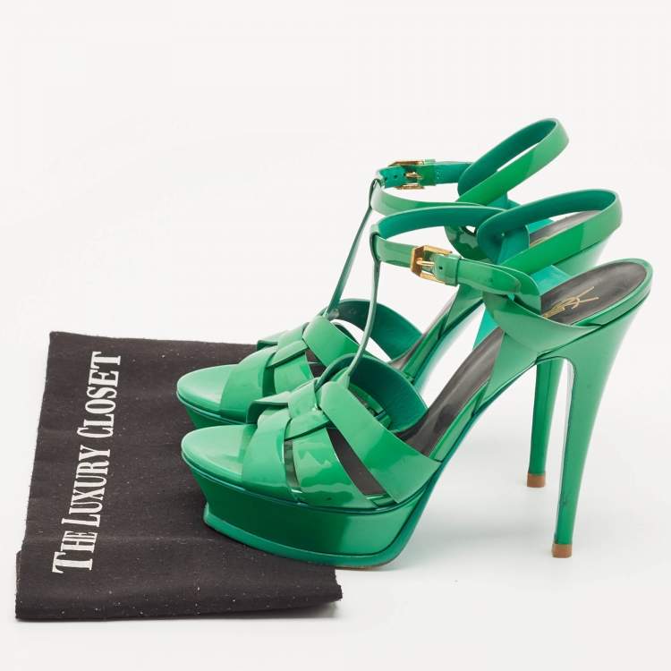 Pre Owned Saint Laurent Green Patent Tribute Platform Sandals Size 39